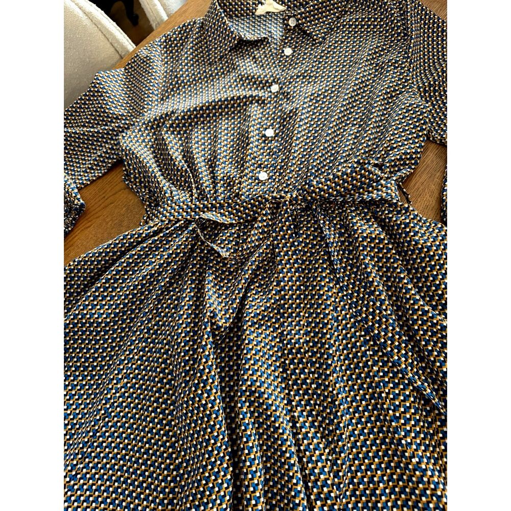 Long Sleeve Shirt Dress Melloday Geometric Optical Print Tie Waist Size L